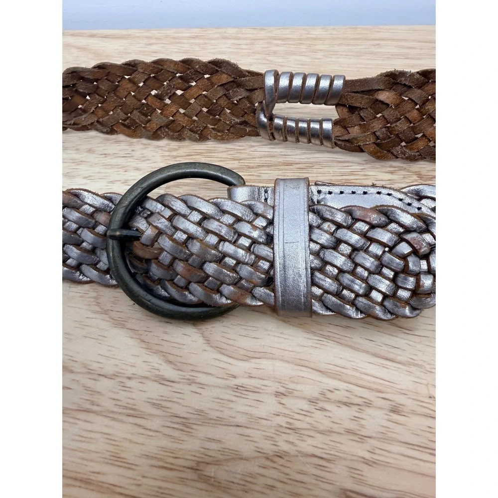 Gap Womens Metallic Silver Braided Leather Belt Brown Woven XS